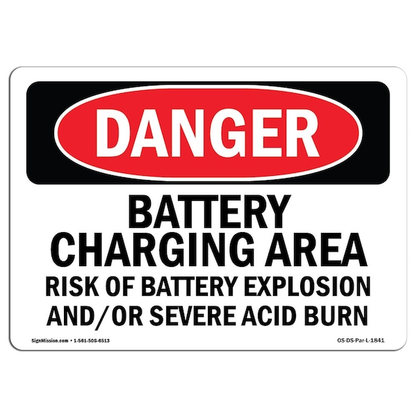 Safety Sign, OSHA Danger, 3.5" Height, Battery Charging Area Risks, Landscape, 10PK